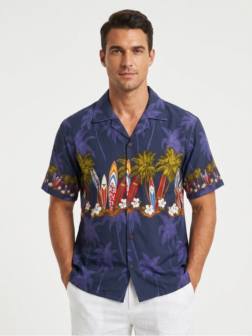 Favant Hawaiian Shirt Men Large Blue Surfboards Palm Trees 100% Cotton Tropical